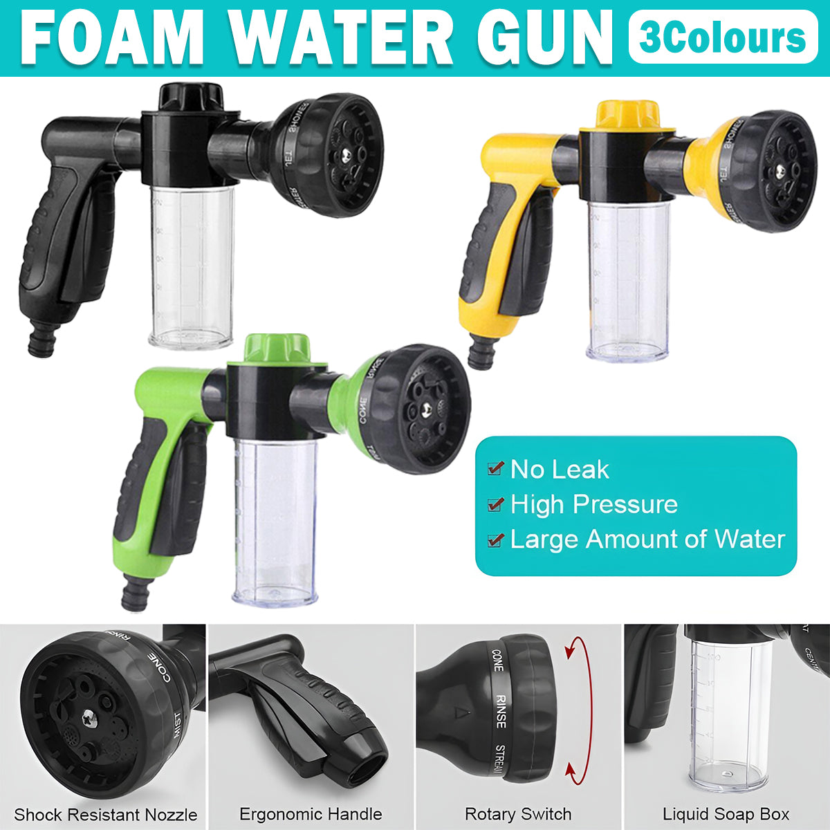 Washing Nozzle Plant Pet Hose 8-Mode Garden Car Water Foam Sprayer Soap Dispenser - Black V528-WATERING-CAN-BLACK-796022