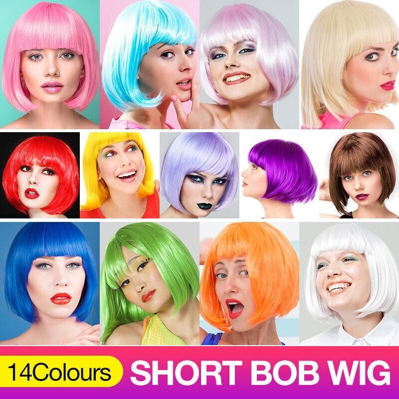 Short Bob Wig with Bangs for Women Synthetic Cosplay Party Hair in 14 Colours - Dark Pink V528-WIGS-HOTPINK-133228