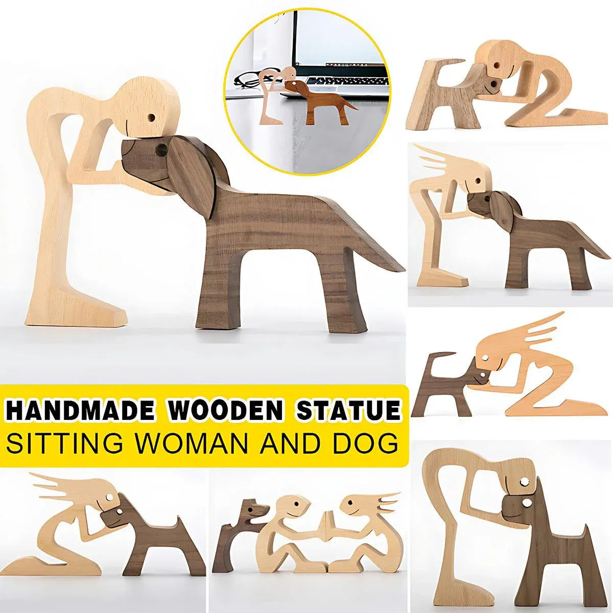 Handmade Wooden Statue Sitting Family and Dog Craft Home Decor - B07 V528-WOODENDECORATIONS-BOY-PUPPY-881297