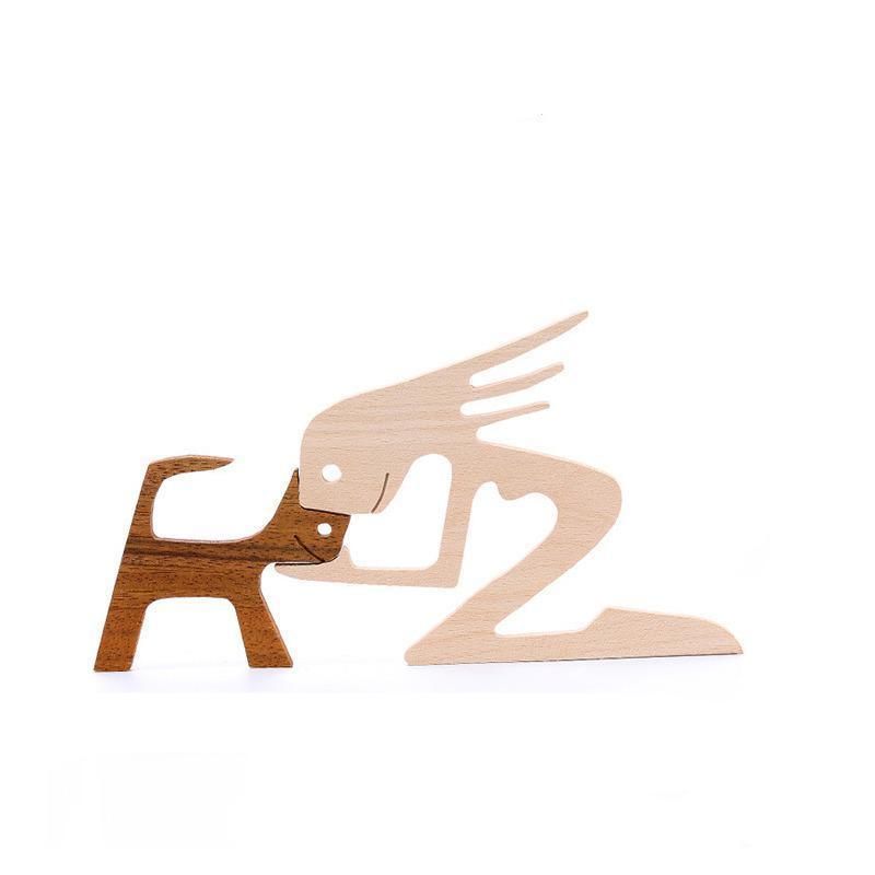 Handmade Wooden Statue Sitting Family and Dog Craft Home Decor - B04 V528-WOODENDECORATIONS-GIRL-CAT-578811