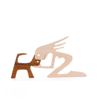 Handmade Wooden Statue Sitting Family and Dog Craft Home Decor - B04 V528-WOODENDECORATIONS-GIRL-CAT-578811