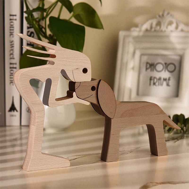 Handmade Wooden Statue Sitting Family and Dog Craft Home Decor - B02 V528-WOODENDECORATIONS-GIRL-DOG-658160