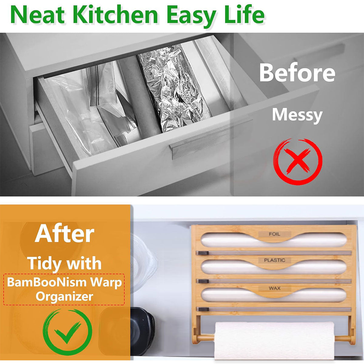 Wall Mounted Plastic Wrap Cutter Bamboo Multi Cell Kitchen Storage Box Organizer V528-WRAP-DISPENSER-3-TIER-870794