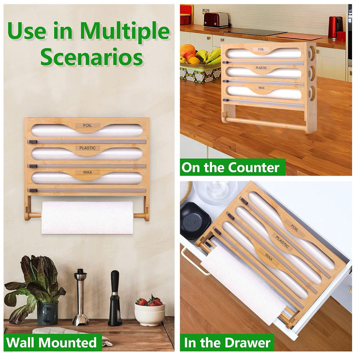 Wall Mounted Plastic Wrap Cutter Bamboo Multi Cell Kitchen Storage Box Organizer V528-WRAP-DISPENSER-3-TIER-870794