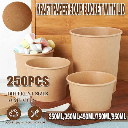 250x Biodegradable Kraft Paper Soup Bucket with Lid Takeaway Tubs Cups - 450ML (16OZ) V528-XJ00021-16-250PCS-14781