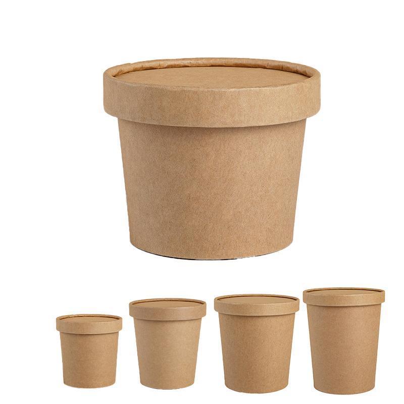 250x Biodegradable Kraft Paper Soup Bucket with Lid Takeaway Tubs Cups - 250ML (8OZ) V528-XJ00022-8-250PCS-99856