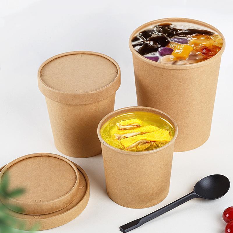 250x Biodegradable Kraft Paper Soup Bucket with Lid Takeaway Tubs Cups - 250ML (8OZ) V528-XJ00022-8-250PCS-99856