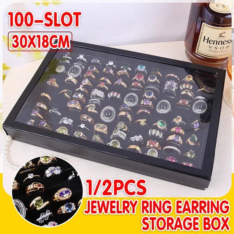 100 Slot Jewelry Ring Earring Storage Box Display Organizer Case Tray Holder - 1PC V528-XJ00524-1PC-108908