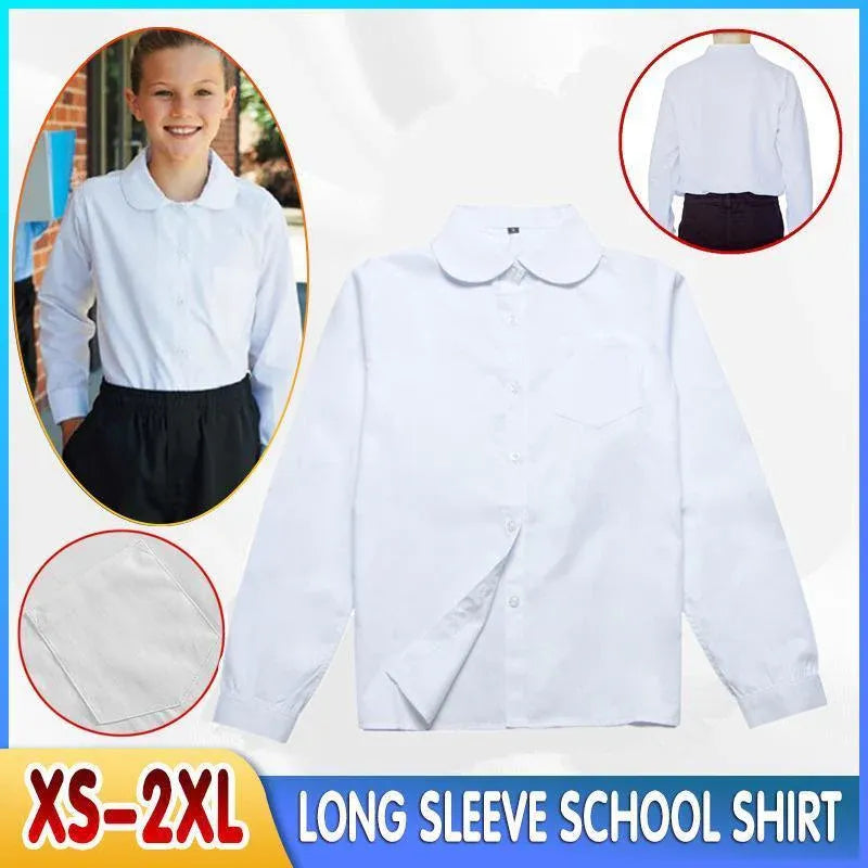 White Girls Peter Pan Collar Long Sleeve School Shirt with two button Adjustable Cuff - S V528-XJ00540-WHITE-S-523059