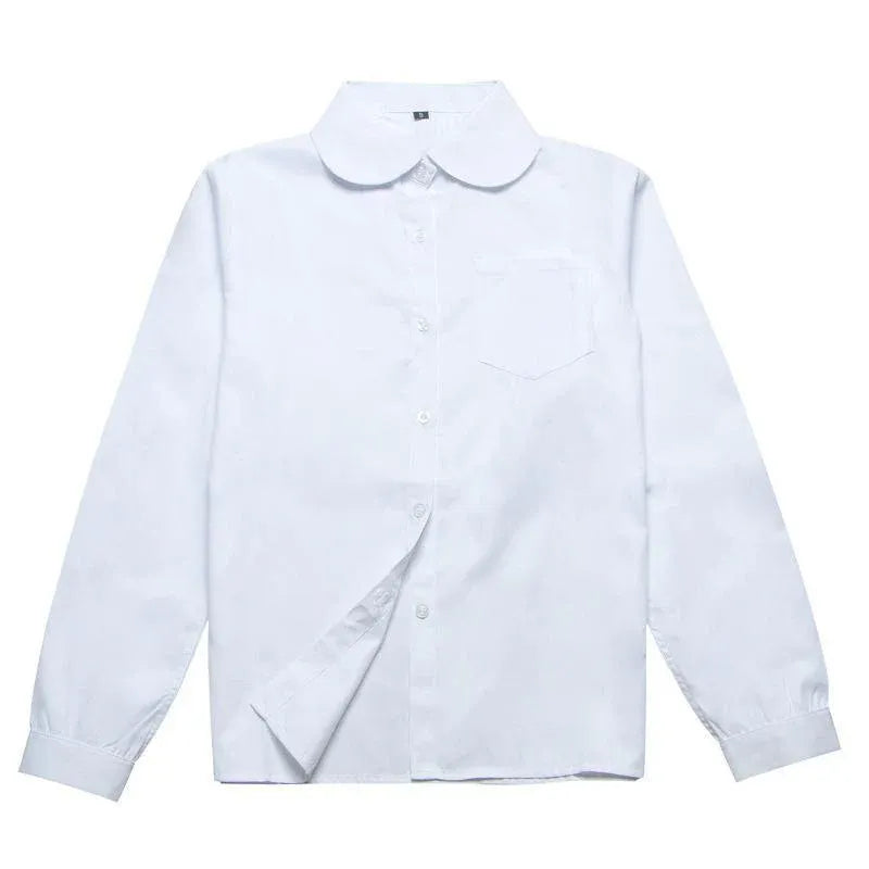 White Girls Peter Pan Collar Long Sleeve School Shirt with two button Adjustable Cuff - L V528-XJ00542-WHITE-L-180453