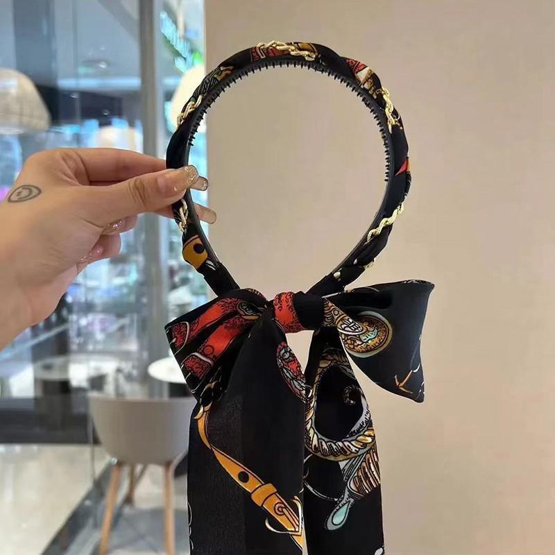 Chains patterned satin headband with Long Scarf Headband Scarf Hair Accessories - Orange V528-XY00612-ORANGE-723167