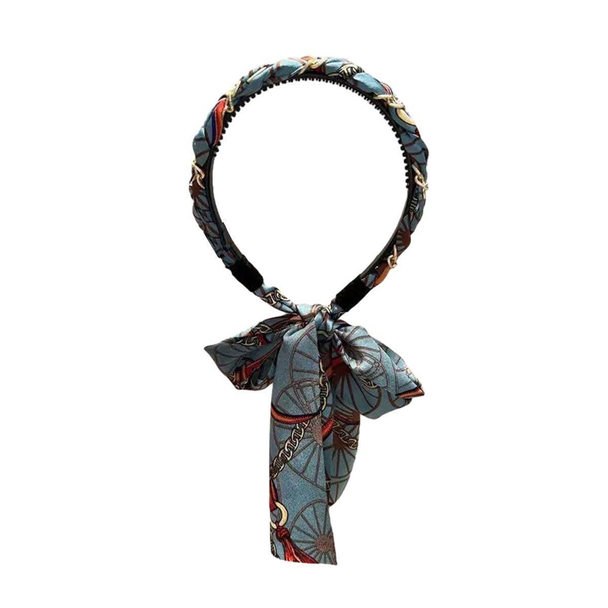 Chains patterned satin headband with Long Scarf Headband Scarf Hair Accessories - Black V528-XY00613-BLACK-327105