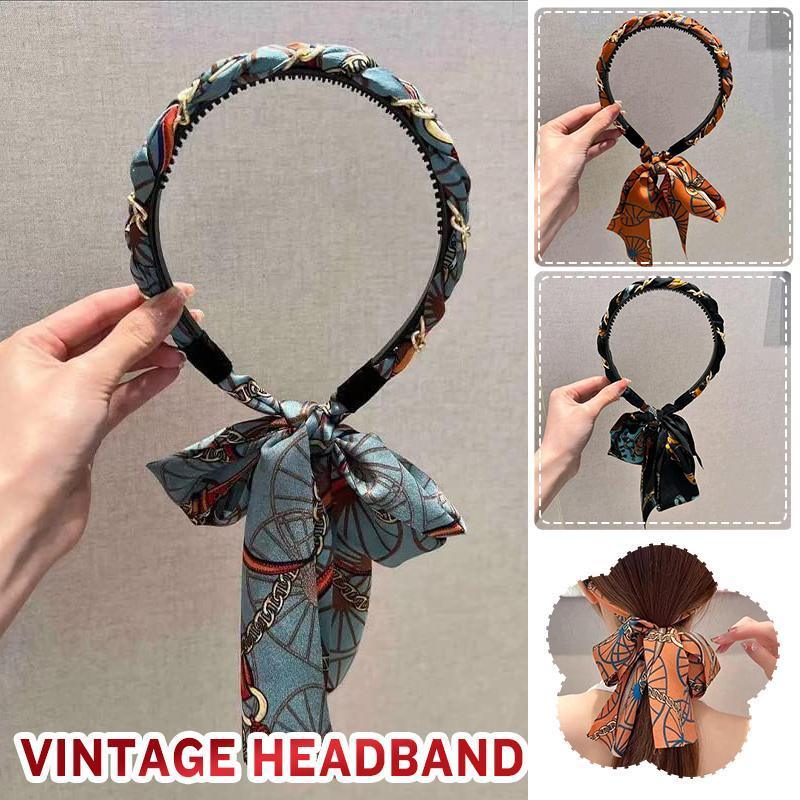 Chains patterned satin headband with Long Scarf Headband Scarf Hair Accessories - Blue V528-XY00614-BLUE-434701