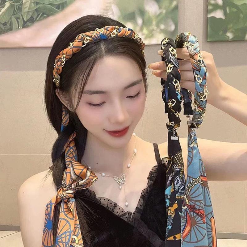 Chains patterned satin headband with Long Scarf Headband Scarf Hair Accessories - Blue V528-XY00614-BLUE-434701