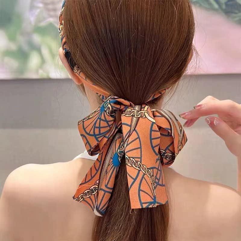 Chains patterned satin headband with Long Scarf Headband Scarf Hair Accessories - Blue V528-XY00614-BLUE-434701