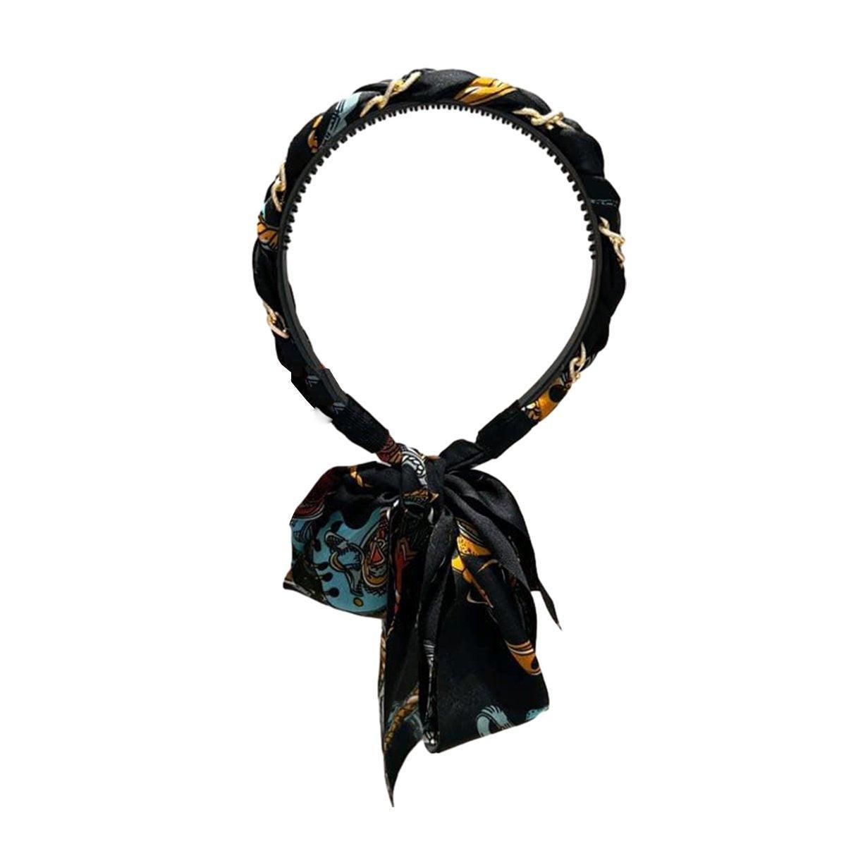 Chains patterned satin headband with Long Scarf Headband Scarf Hair Accessories - Blue V528-XY00614-BLUE-434701