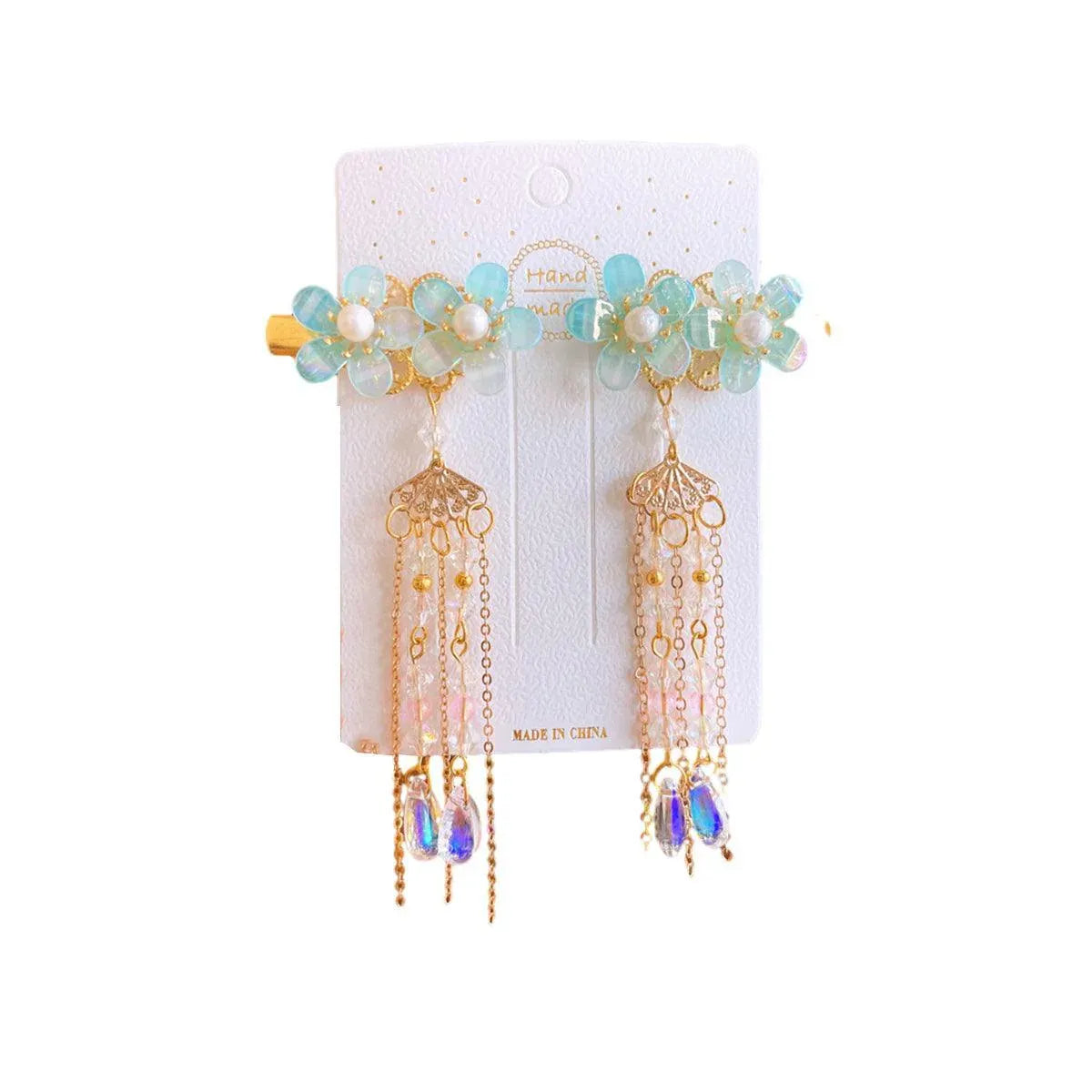2Pcs Hanfu Flower Hair Clip with Pearl Tassel Butterfly Hairpin for Women and Girls Party - E002 V528-XY00630-E002-407698