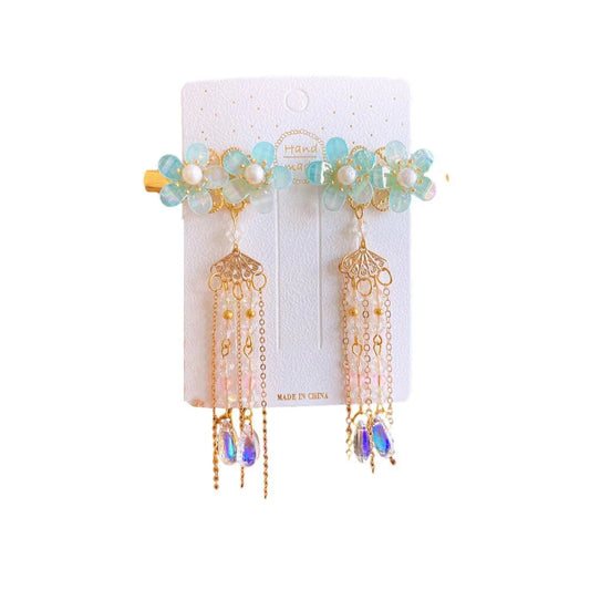 2Pcs Hanfu Flower Hair Clip with Pearl Tassel Butterfly Hairpin for Women and Girls Party - E002 V528-XY00630-E002-407698