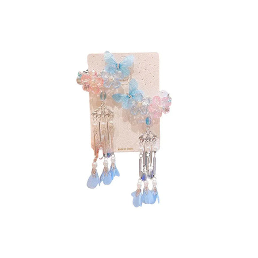2Pcs Hanfu Flower Hair Clip with Pearl Tassel Butterfly Hairpin for Women and Girls Party - 1 V528-XY00638-1-578051