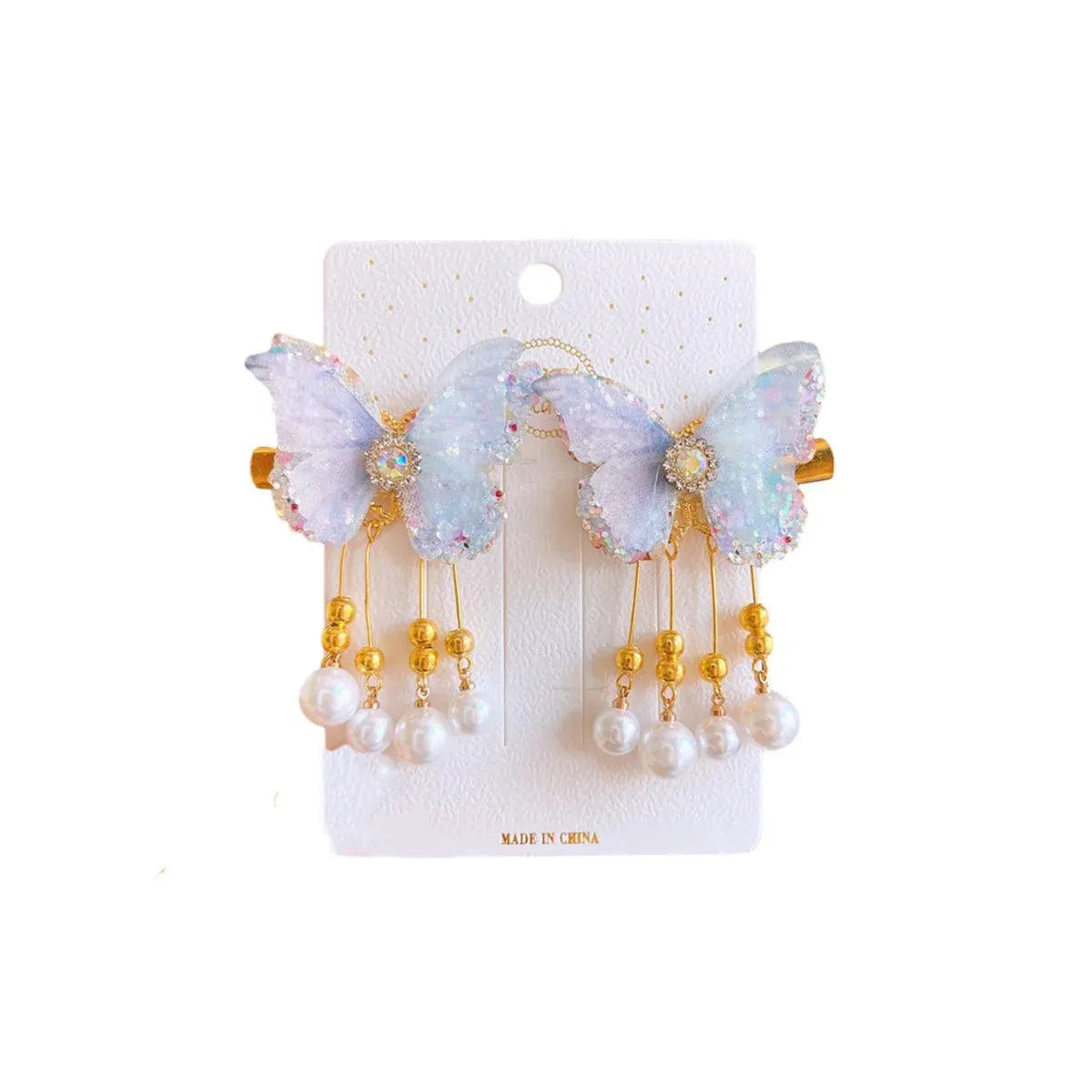2Pcs Hanfu Flower Hair Clip with Pearl Tassel Butterfly Hairpin for Women and Girls Party - E014 V528-XY00649-E014-288311
