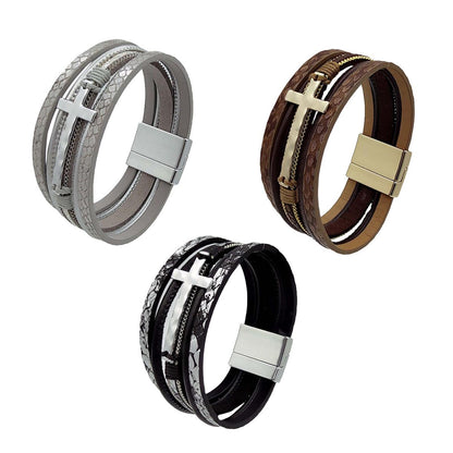 Men Cross Bracelet Multi-Layer Leather Wristband Stainless Steel Stylish Gift - Coffee V528-XY00741-COFFEE-416717