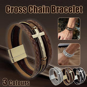 Men Cross Bracelet Multi-Layer Leather Wristband Stainless Steel Stylish Gift - Silver V528-XY00742-SILVER-694079