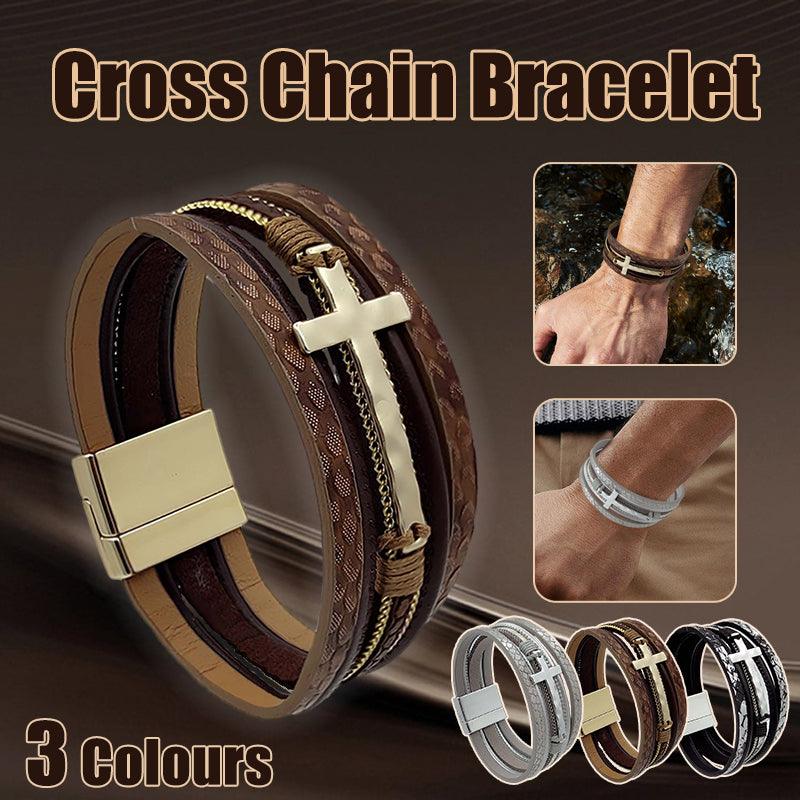 Men Cross Bracelet Multi-Layer Leather Wristband Stainless Steel Stylish Gift - Silver V528-XY00742-SILVER-694079