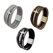 Men Cross Bracelet Multi-Layer Leather Wristband Stainless Steel Stylish Gift - Silver V528-XY00742-SILVER-694079