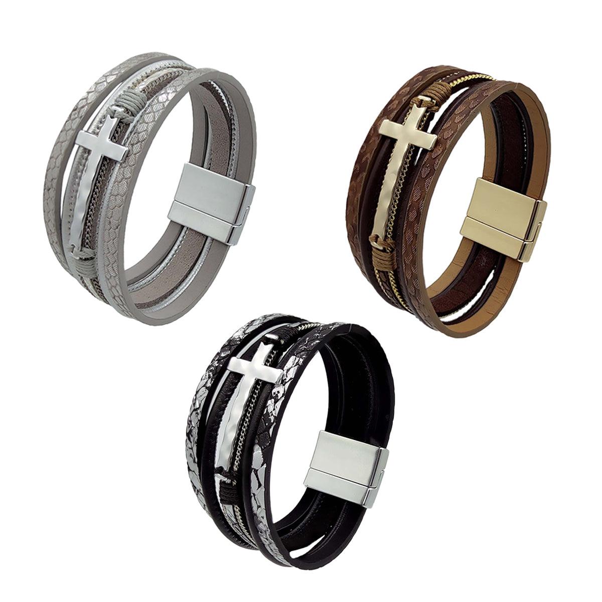 Men Cross Bracelet Multi-Layer Leather Wristband Stainless Steel Stylish Gift - Silver V528-XY00742-SILVER-694079