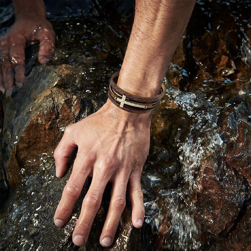 Men Cross Bracelet Multi-Layer Leather Wristband Stainless Steel Stylish Gift - Silver V528-XY00742-SILVER-694079