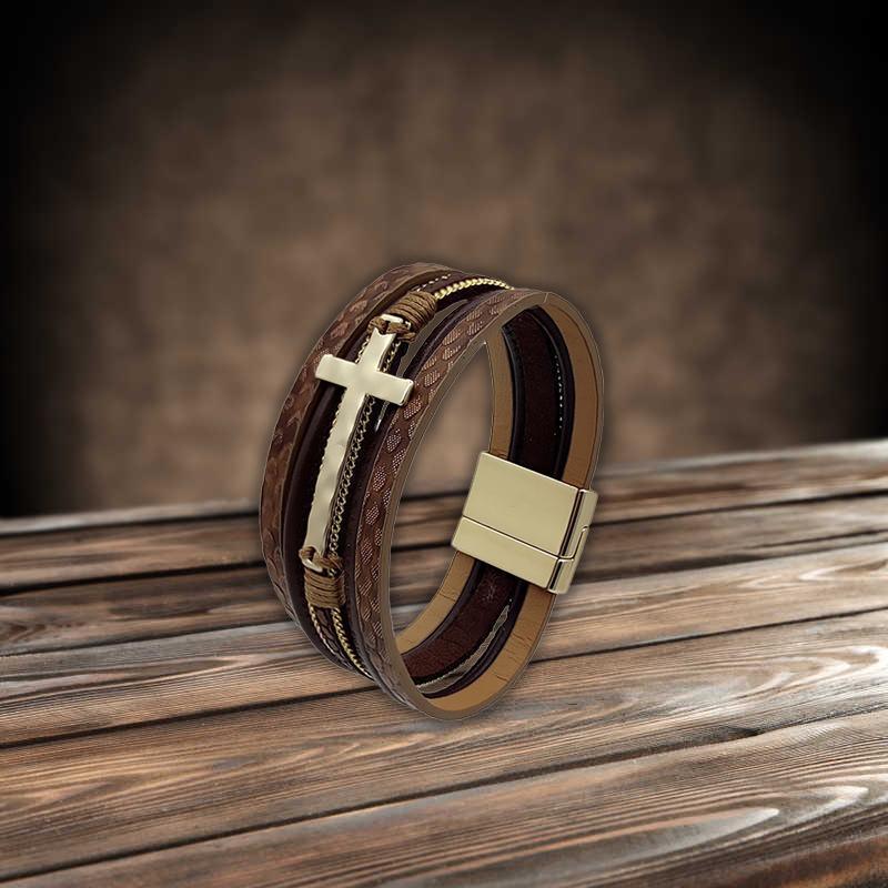 Men Cross Bracelet Multi-Layer Leather Wristband Stainless Steel Stylish Gift - Silver V528-XY00742-SILVER-694079