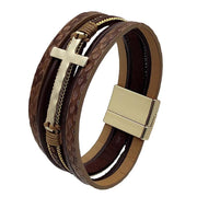 Men Cross Bracelet Multi-Layer Leather Wristband Stainless Steel Stylish Gift - Silver V528-XY00742-SILVER-694079