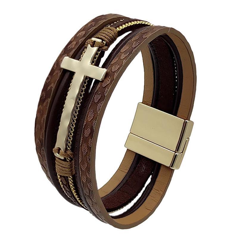 Men Cross Bracelet Multi-Layer Leather Wristband Stainless Steel Stylish Gift - Silver V528-XY00742-SILVER-694079