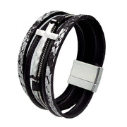 Men Cross Bracelet Multi-Layer Leather Wristband Stainless Steel Stylish Gift - Silver V528-XY00742-SILVER-694079