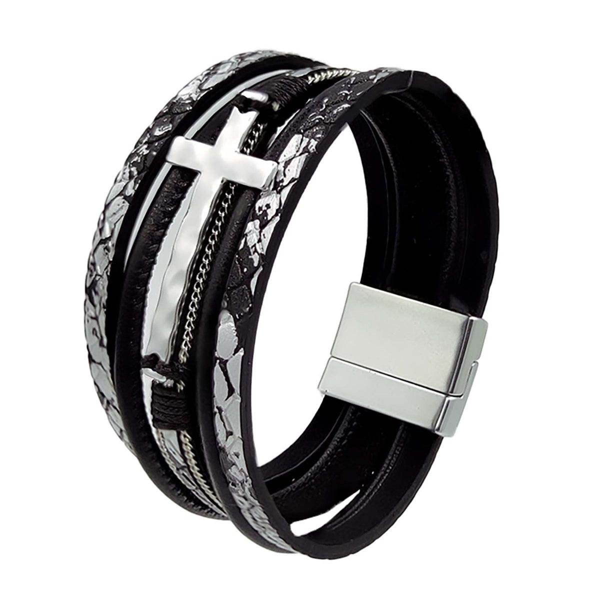Men Cross Bracelet Multi-Layer Leather Wristband Stainless Steel Stylish Gift - Silver V528-XY00742-SILVER-694079