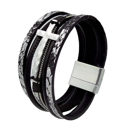 Men Cross Bracelet Multi-Layer Leather Wristband Stainless Steel Stylish Gift - Silver V528-XY00742-SILVER-694079