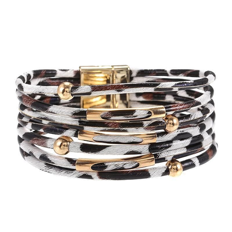 Fashion Snap Lock Leather Bohemian Leopard Print Bangle Stylish Bracelet Gift - White V528-ZK00124-WHITE-152092