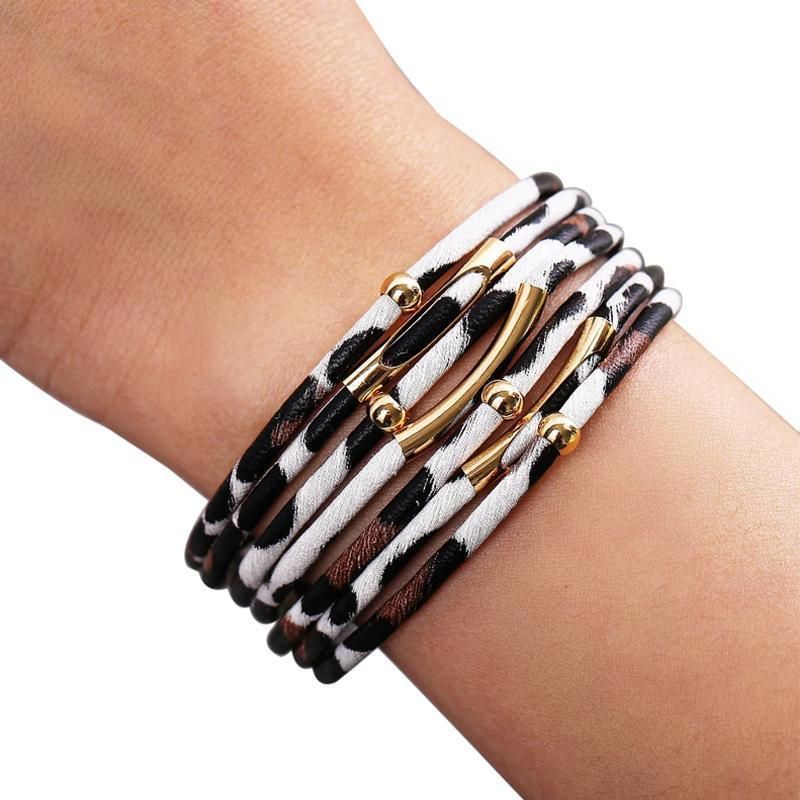 Fashion Snap Lock Leather Bohemian Leopard Print Bangle Stylish Bracelet Gift - White V528-ZK00124-WHITE-152092