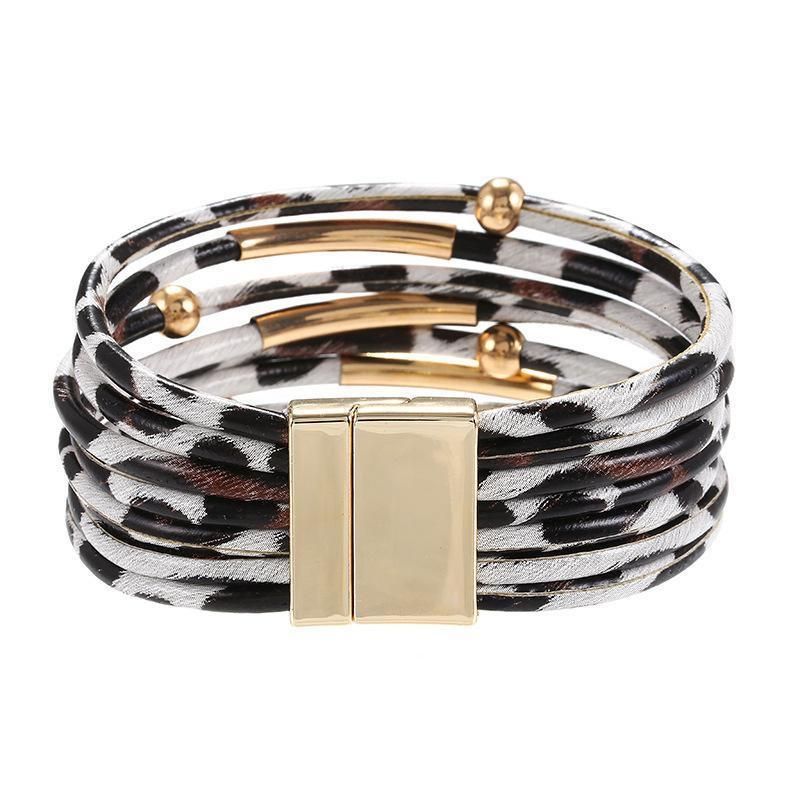 Fashion Snap Lock Leather Bohemian Leopard Print Bangle Stylish Bracelet Gift - White V528-ZK00124-WHITE-152092