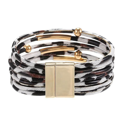Fashion Snap Lock Leather Bohemian Leopard Print Bangle Stylish Bracelet Gift - White V528-ZK00124-WHITE-152092