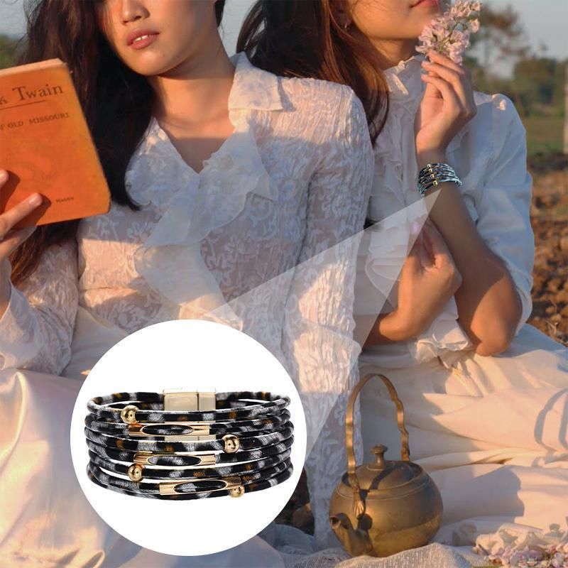 Fashion Snap Lock Leather Bohemian Leopard Print Bangle Stylish Bracelet Gift - White V528-ZK00124-WHITE-152092