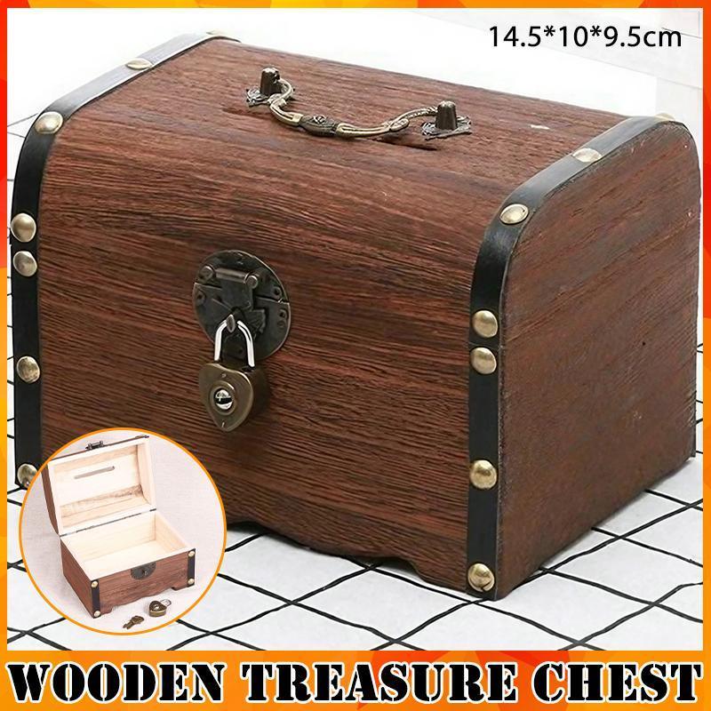 Wooden Treasure Chest Retro Money Storage Box Case Coin Piggy Bank Organizer V528-ZK00405-747649