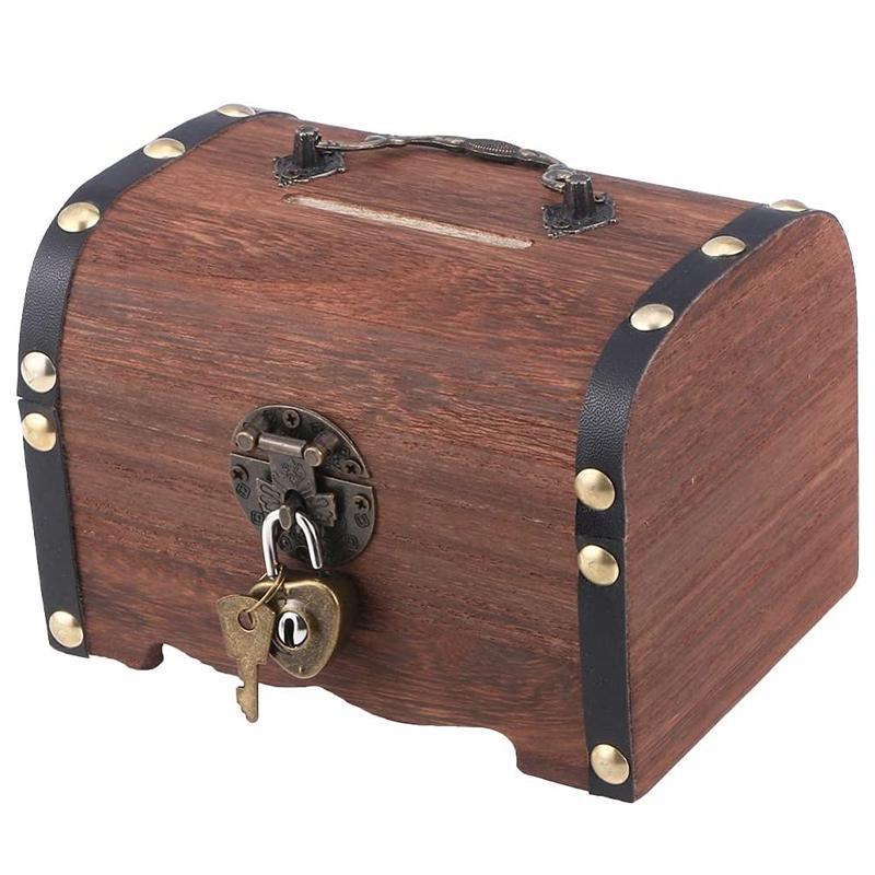 Wooden Treasure Chest Retro Money Storage Box Case Coin Piggy Bank Organizer V528-ZK00405-747649