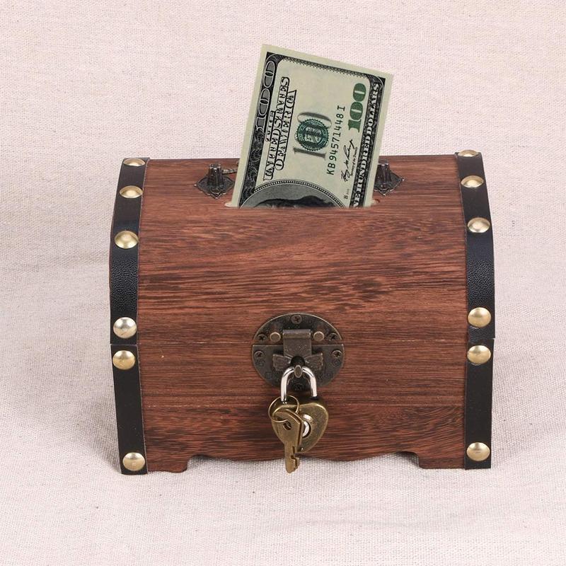 Wooden Treasure Chest Retro Money Storage Box Case Coin Piggy Bank Organizer V528-ZK00405-747649