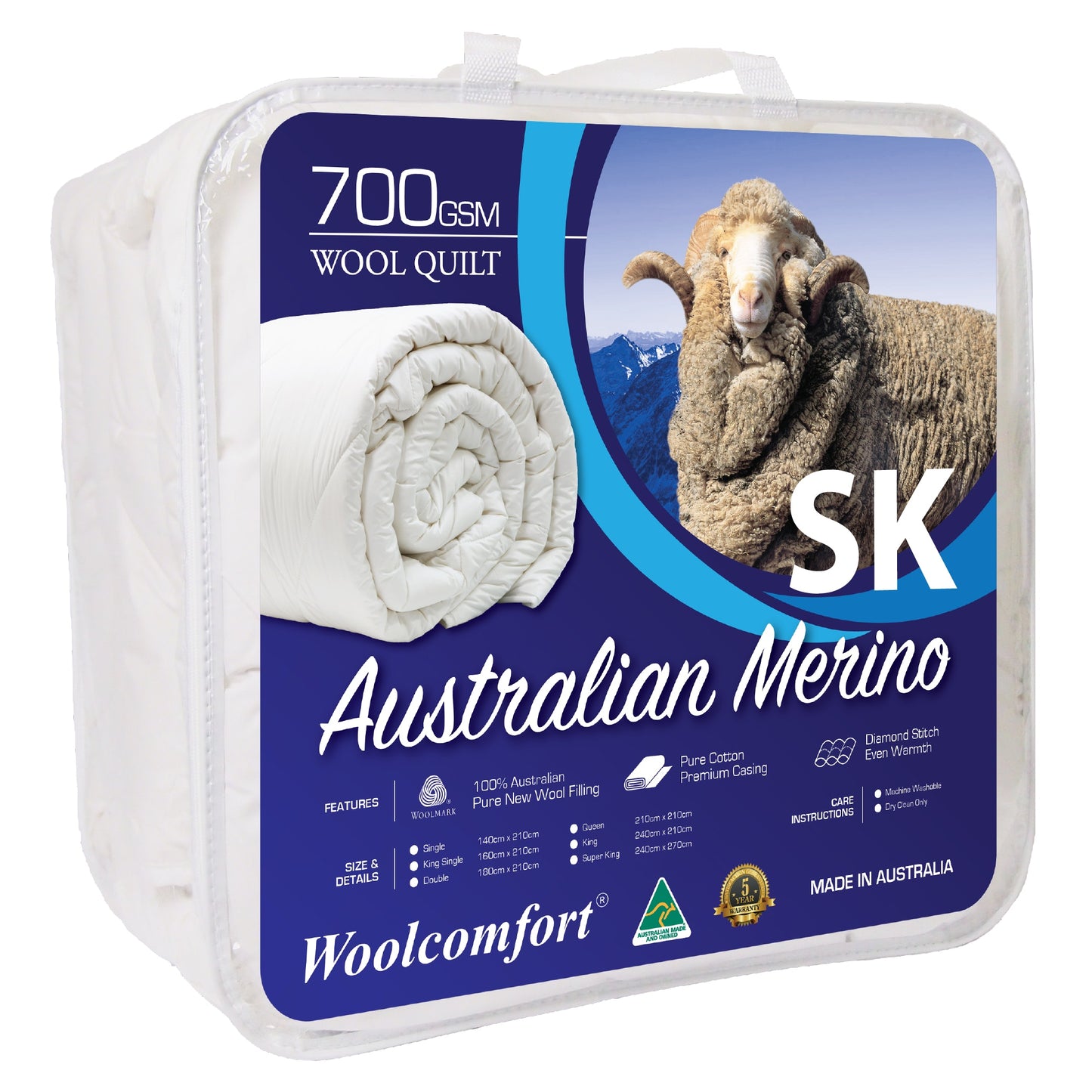 Woolcomfort Aus Made Merino Wool Quilt 700GSM 270x240cm Super King Size V535-JAPARA-WQ-700G-SK