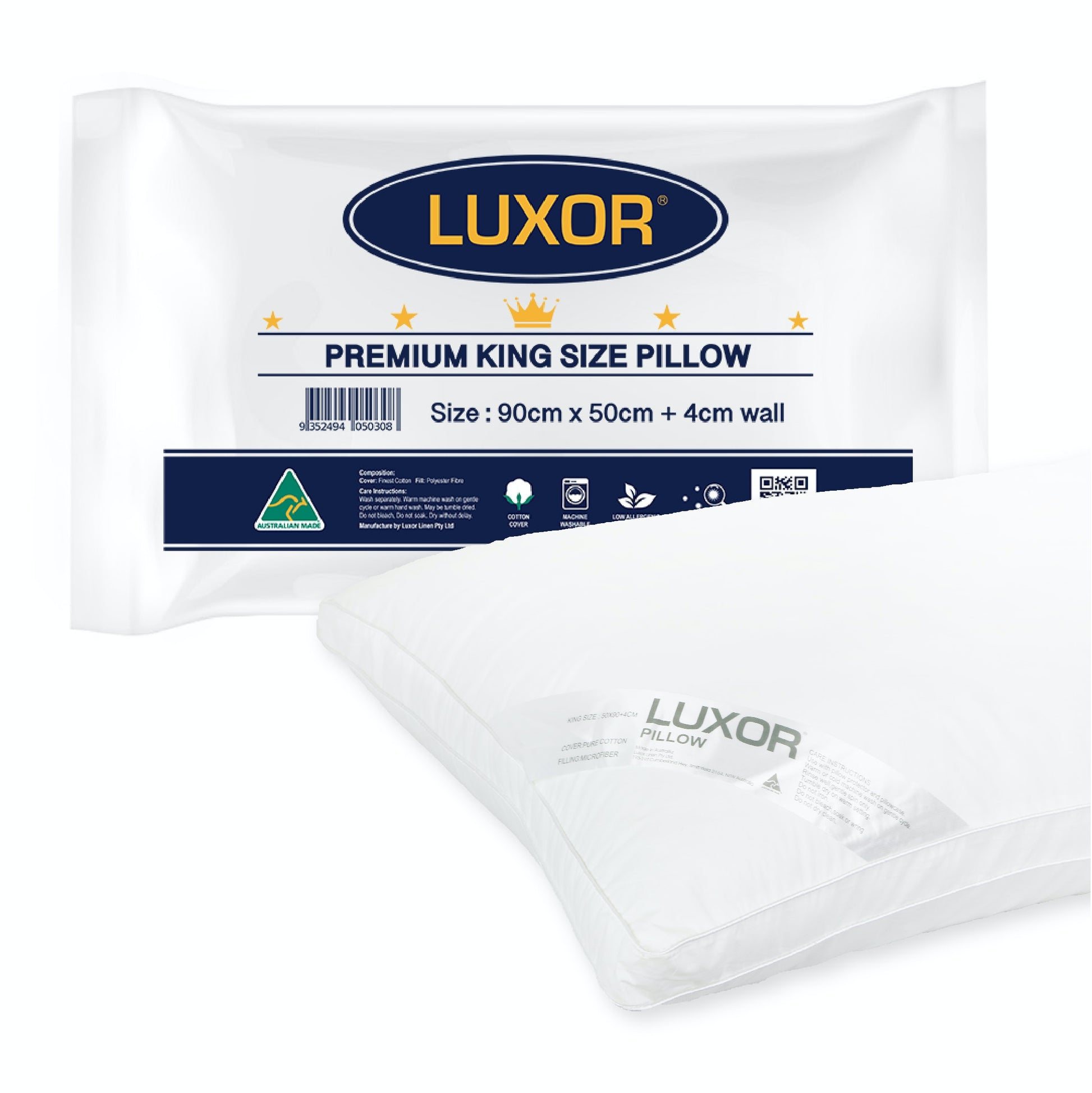 Luxor Australian Made Hotel King Size Pillow with 4cm Wall Single Pack V535-KING-PILLOW-4CM