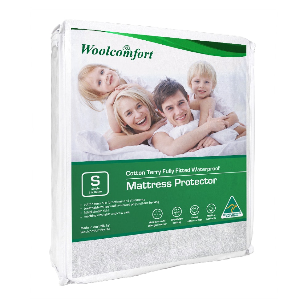 Woolcomfort Cotton Terry Fully Fitted Waterproof Mattress Protector Single Size V535-LUX-WATERPROOF-MP-165-S