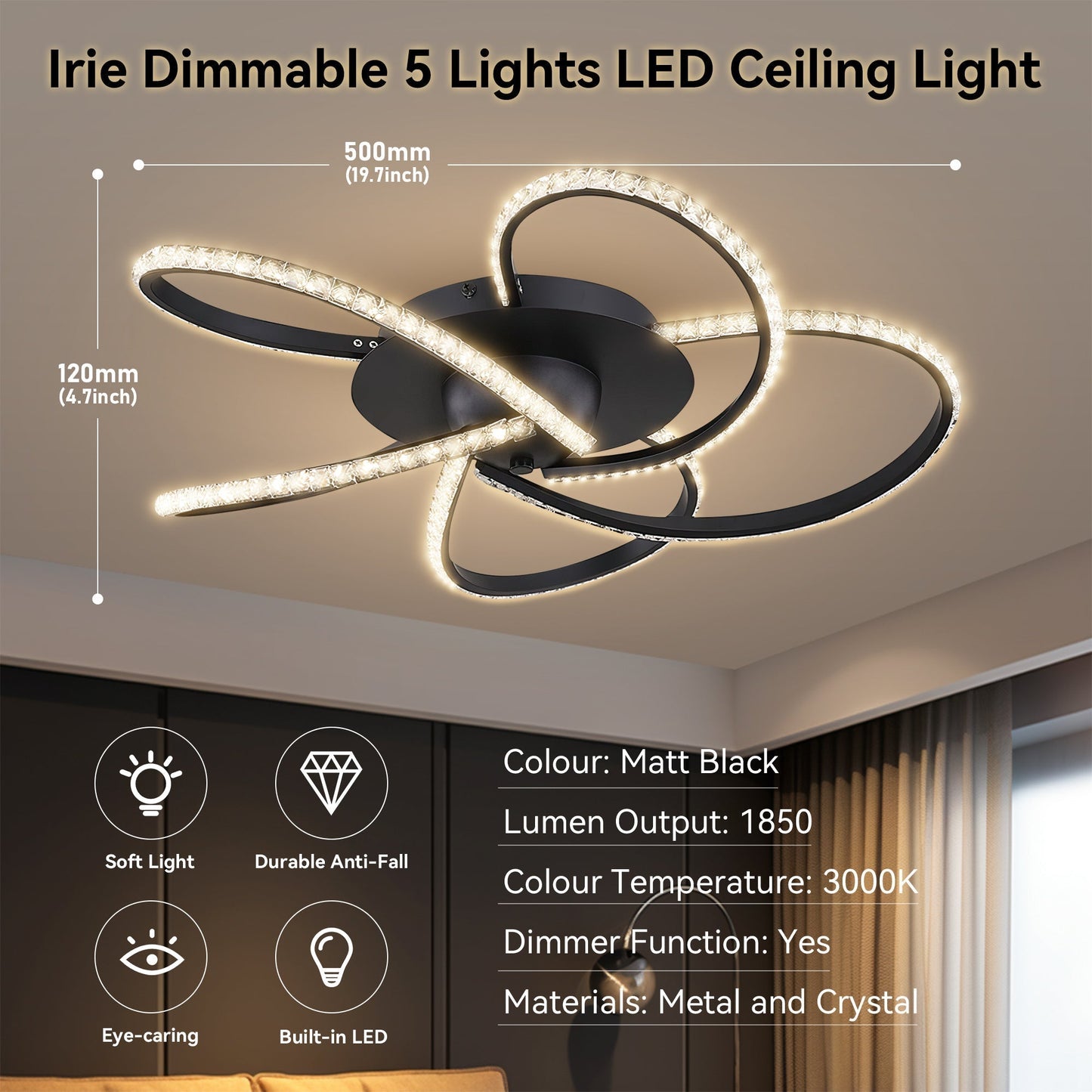 Irie Dimmable 5 Lights LED Ceiling Light - Black V558-LL002CL012B