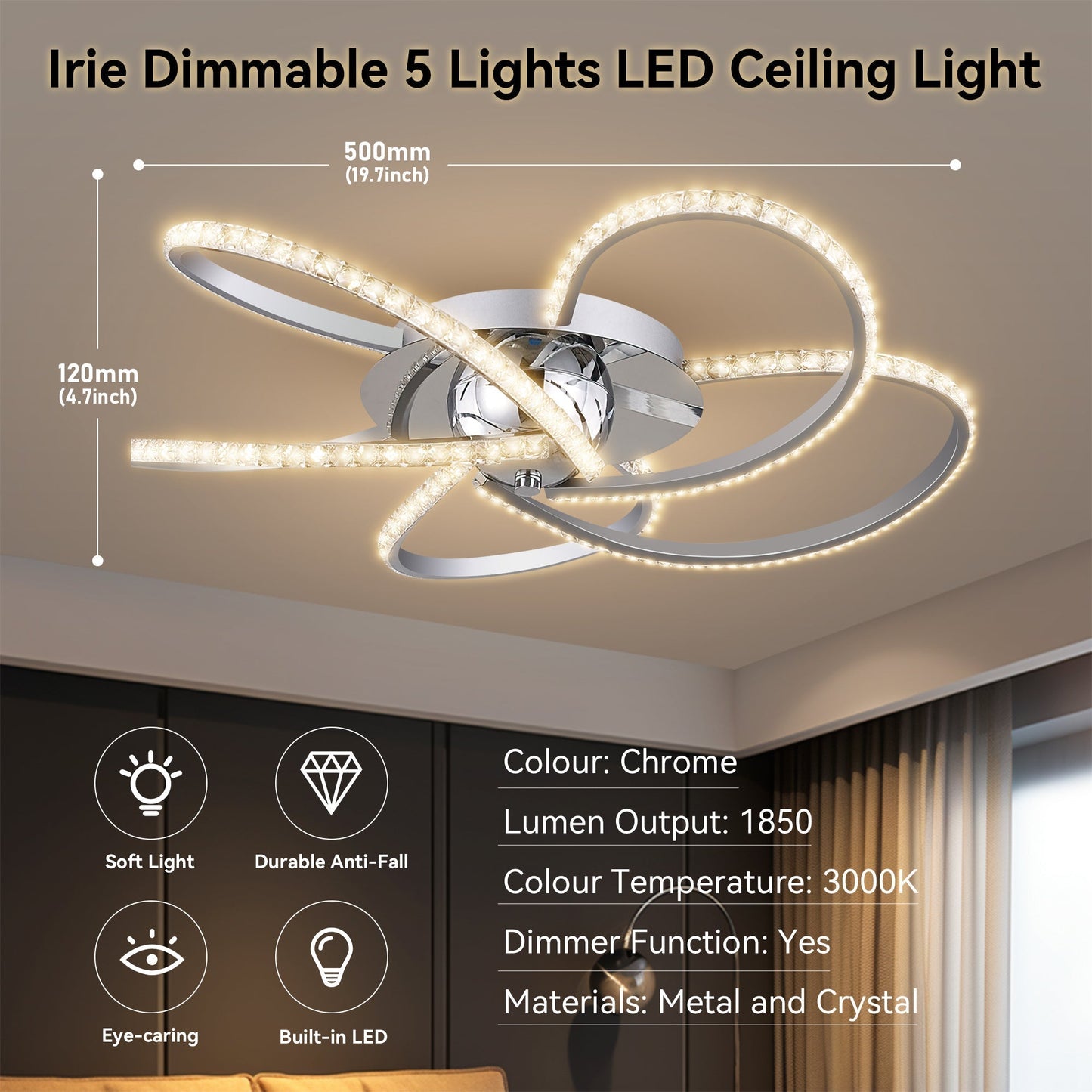 Irie Dimmable 5 Lights LED Ceiling Light - Chrome V558-LL002CL012CH