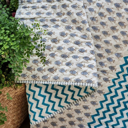 GOTS Certified Organic Cotton Reversible Baby Quilt (100x120cm) - Little Fish (Blue) V563-0005